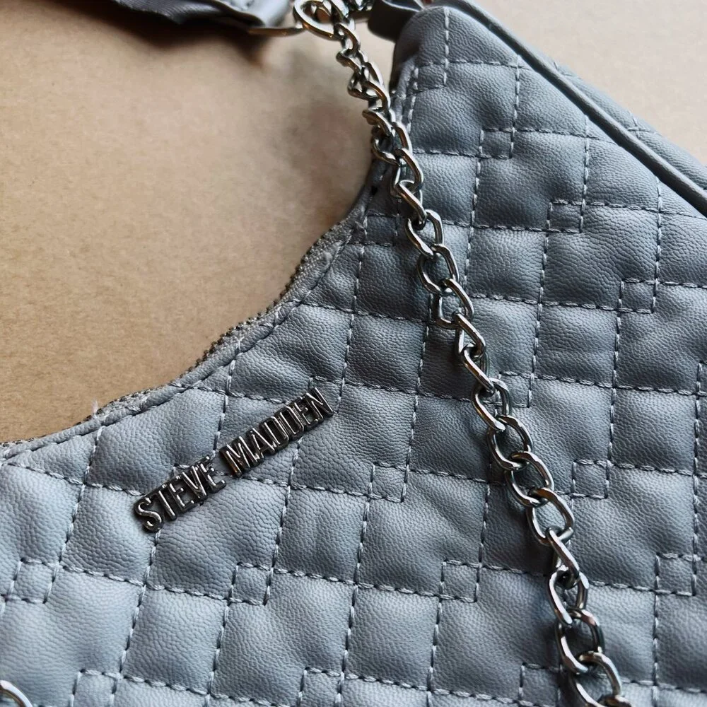 Steve Madden Quilted Crossbody Shoulder Bag Gray Silver Chain Strap